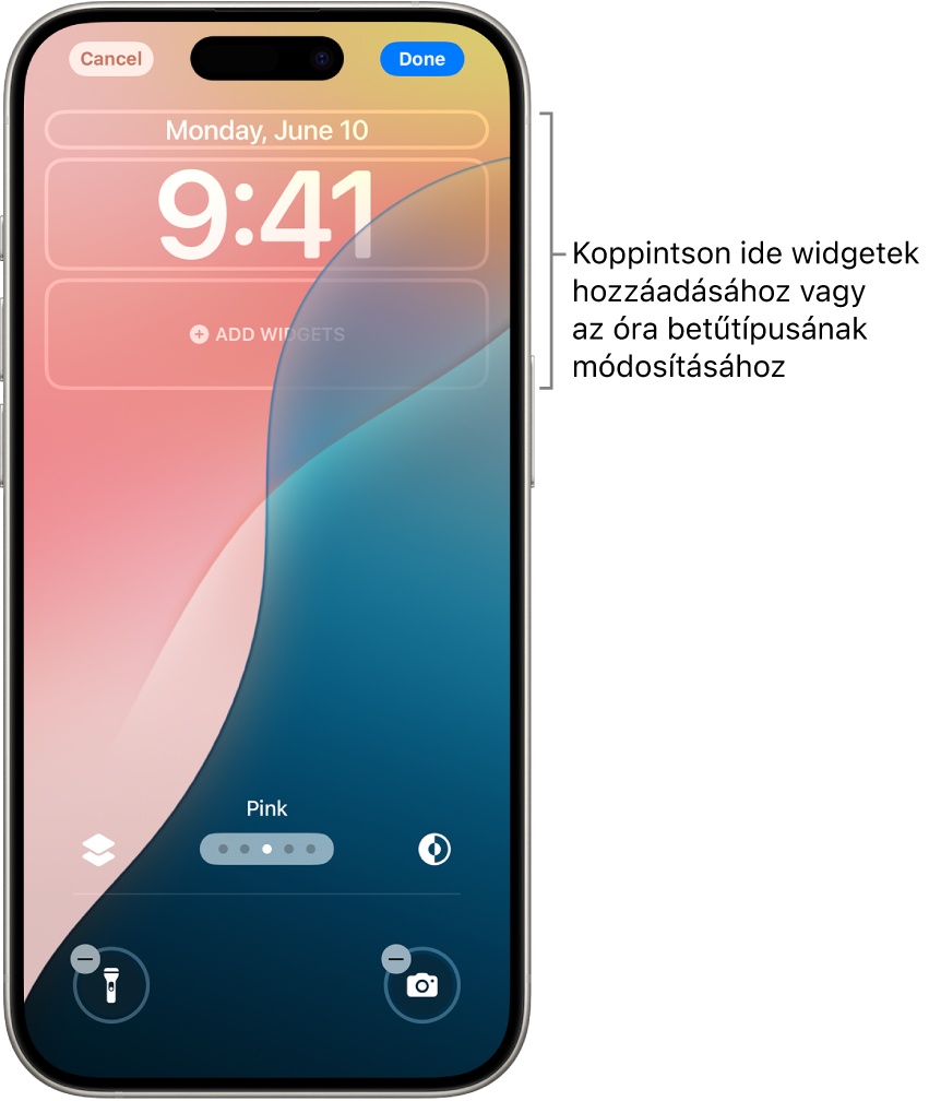 Egy egyéni Zárolási képernyő szerkesztés közben. Kiválasztásra kerültek a további testreszabható elemek – a dátum, az idő és egy gomb a widgetek hozzáadásához.