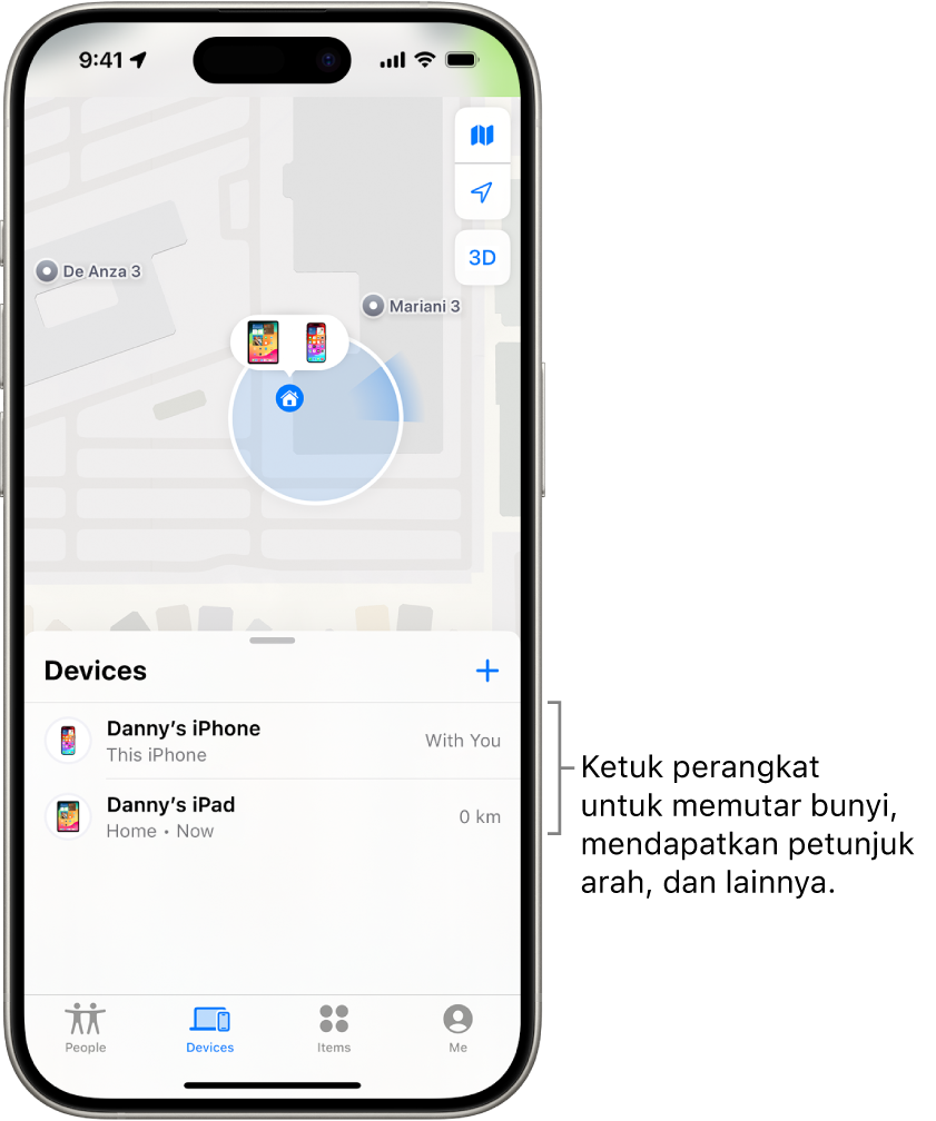 Layar Lacak dibuka ke daftar Perangkat. Terdapat dua perangkat di daftar Perangkat: iPhone Doni dan iPad Doni. Lokasinya ditampilkan di peta.