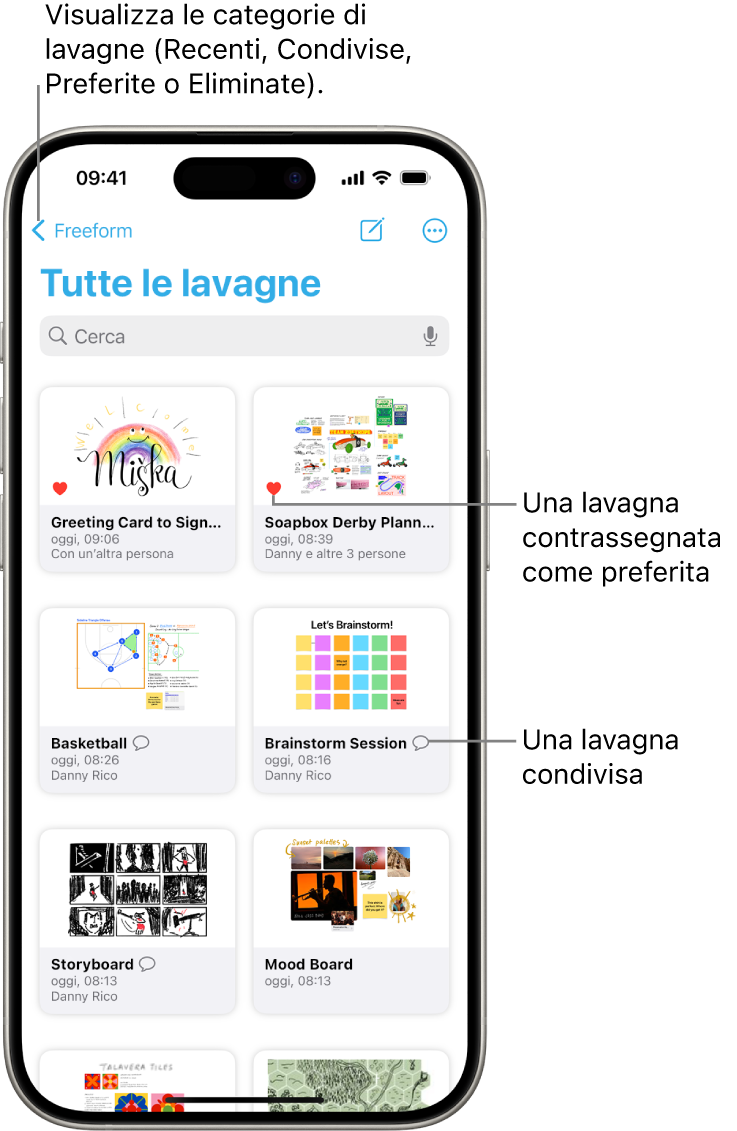 La schermata “Tutte le lavagne” di Freeform è aperta e mostra otto miniature.