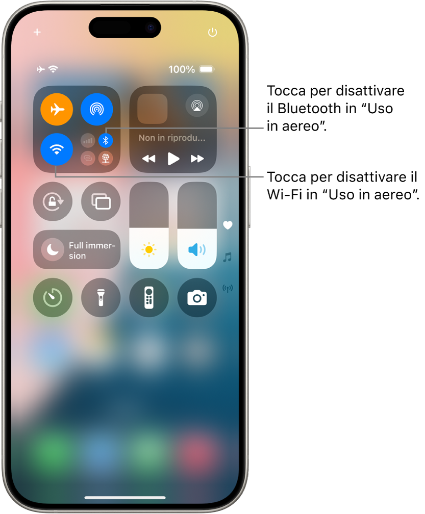 Centro di Controllo di iPhone. Nel gruppo di controlli in alto a sinistra sono visibili i pulsanti della modalità “Uso in aereo”, del Wi-Fi (in basso a sinistra) e del Bluetooth (in basso a destra). “Uso in aereo”, Wi-Fi e Bluetooth sono tutti attivati. Tocca il pulsante Bluetooth per disattivare il Bluetooth in Modalità “Uso in aereo”. Tocca il pulsante Wi-Fi per disattivare il Wi-Fi in Modalità “Uso in aereo”.