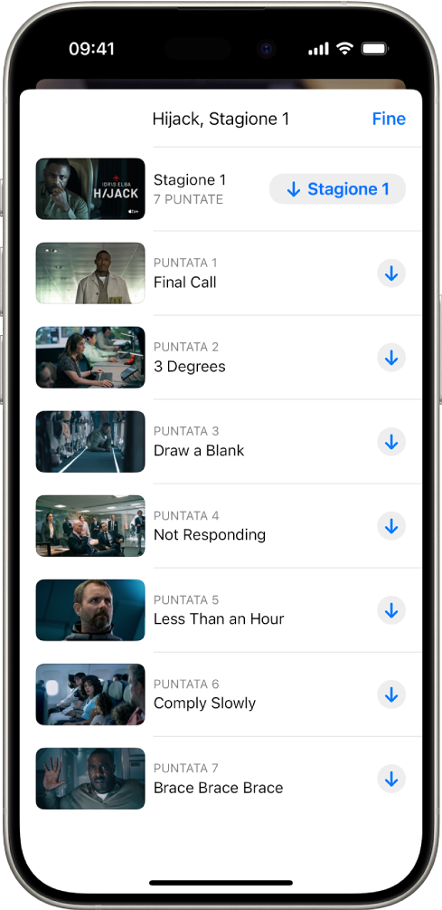 Il pannello Apple TV+ che mostra un elenco di puntate di un contenuto Apple Originals. I pulsanti per scaricare l’intera stagione e ciascun episodio sono presenti sul lato destro dello schermo.