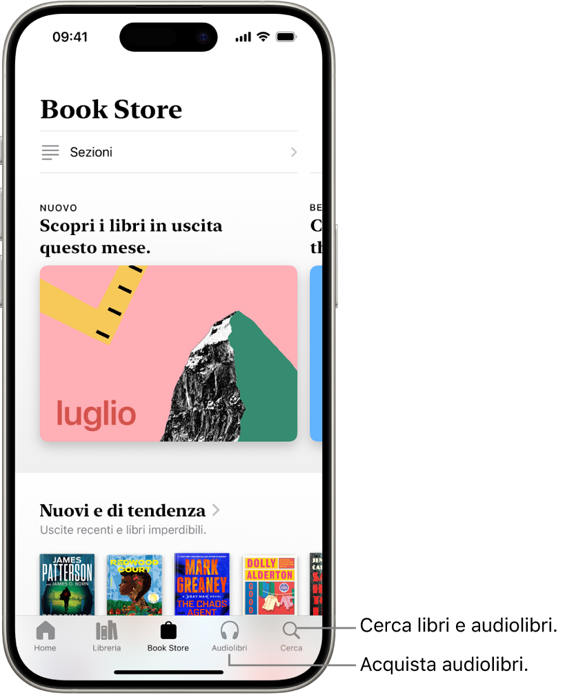 La schermata Book Store nell’app Libri. Nella parte inferiore dello schermo, da sinistra a destra, sono presenti le sezioni Home, Libreria, Book Store, Audiolibri e Cerca. Il pannello Book Store è selezionato.