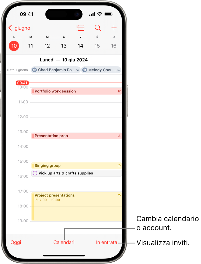 Un calendario nella vista Giorno che mostra gli eventi programmati. Il pulsante Calendari si trova in basso al centro dello schermo, mentre il pulsante “In entrata” è in basso a destra.