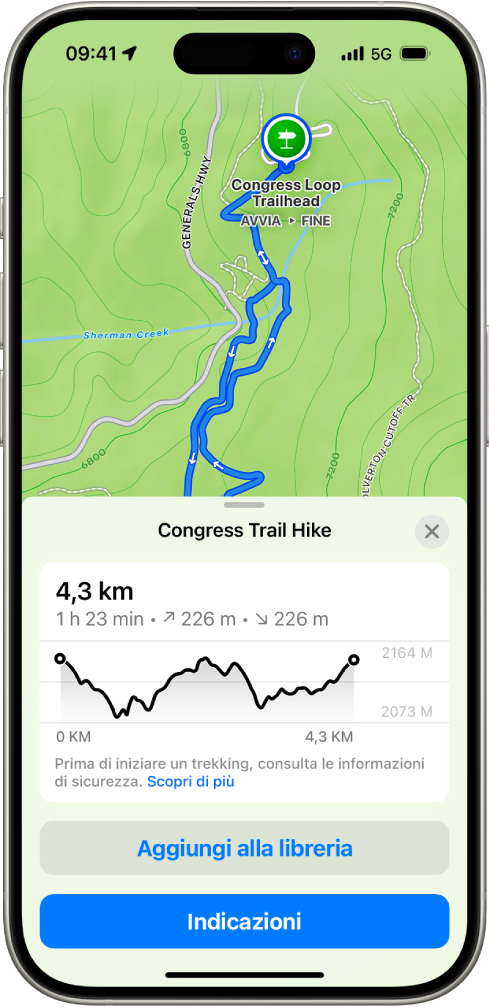 Una panoramica di un percorso di trekking scaricabile, con la distanza, il profilo dell’altitudine, il tempo previsto e le opzioni per salvare od ottenere le indicazioni verso l’inizio.