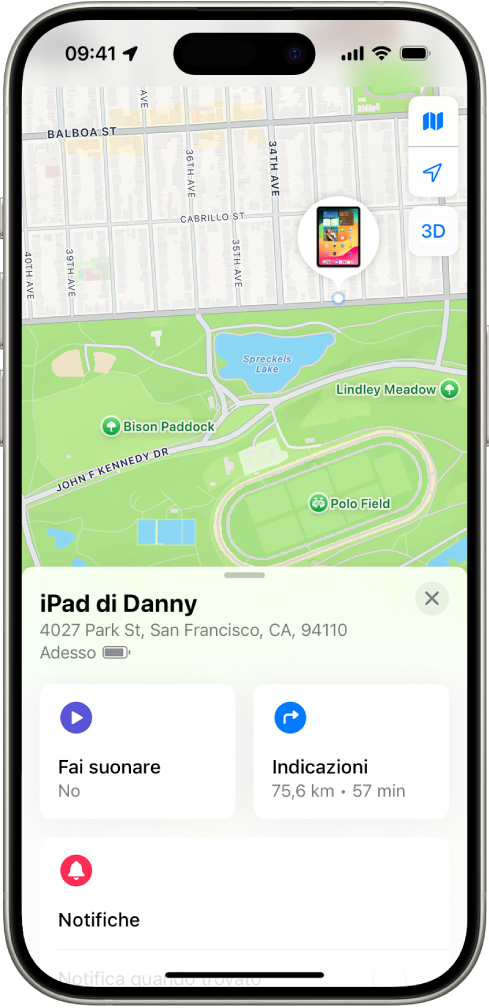 La schermata di Dov’è che mostra la posizione di un iPhone su una mappa nella parte superiore dello schermo.