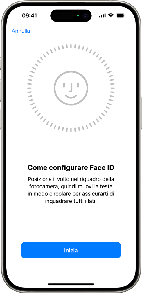 La schermata di configurazione del riconoscimento di Face ID. Sullo schermo è visibile un volto, circondato da un cerchio. Il testo sotto di esso indica all’utente di muovere la testa lentamente per completare un cerchio.