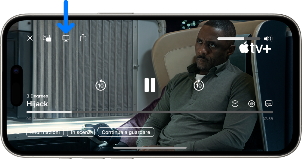 Un film in riproduzione sullo schermo di iPhone. Al centro dello schermo sono presenti i controlli di riproduzione. In alto a sinistra è presente il pulsante AirPlay.
