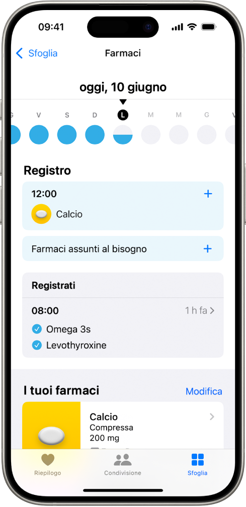 La schermata Farmaci in Salute che mostra la data e la registrazione per i farmaci.