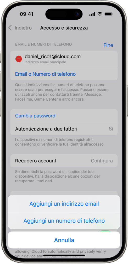 La schermata “Accesso e sicurezza” in Impostazioni.