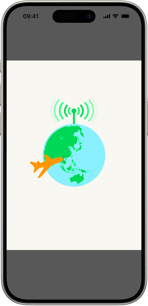 Una schermata di iPhone che mostra l’illustrazione di un globo terrestre. Sopra il globo è presente un segnale radio, mentre un aereo vola intorno al globo.