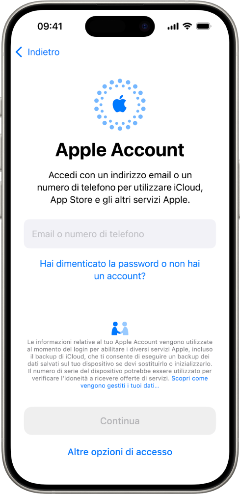 La schermate di accesso ad Apple Account.