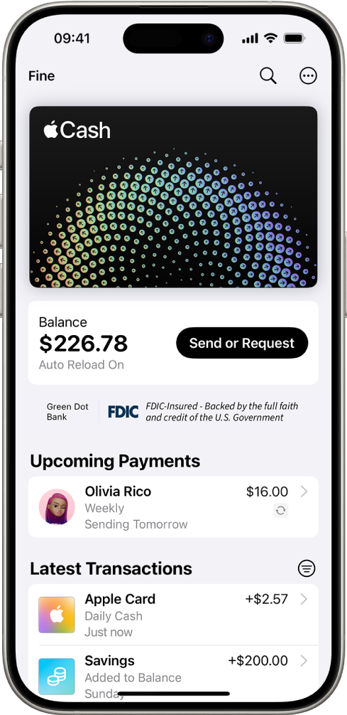 La carta Apple Cash in Wallet. Viene mostrato il pulsante Altro in alto a destra, il saldo corrente e il pulsante Invia o Richiedi al centro, nonché le ultime transazioni in basso.