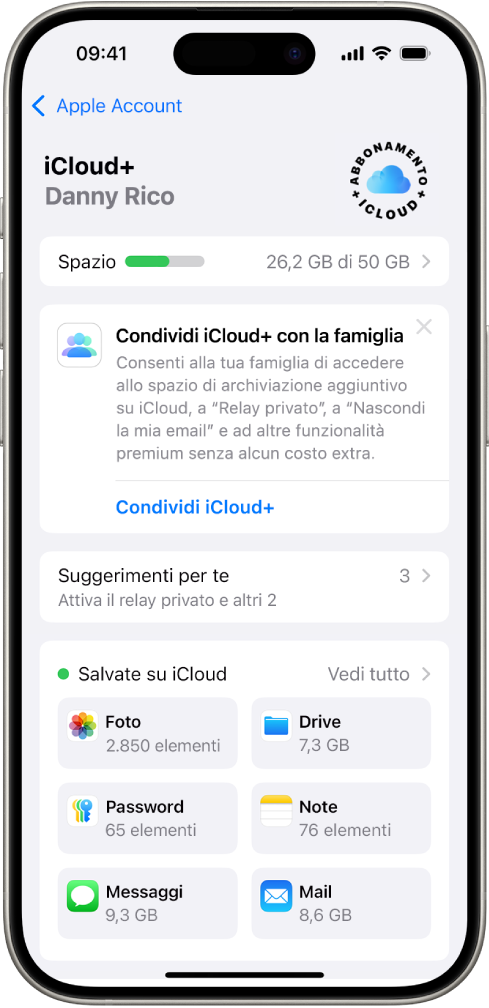 La schermata delle impostazioni di iCloud che mostra la barra dello spazio di archiviazione disponibile e un elenco di app e funzioni, tra cui Foto, iCloud Drive e Mail di iCloud, che possono essere utilizzati con iCloud.