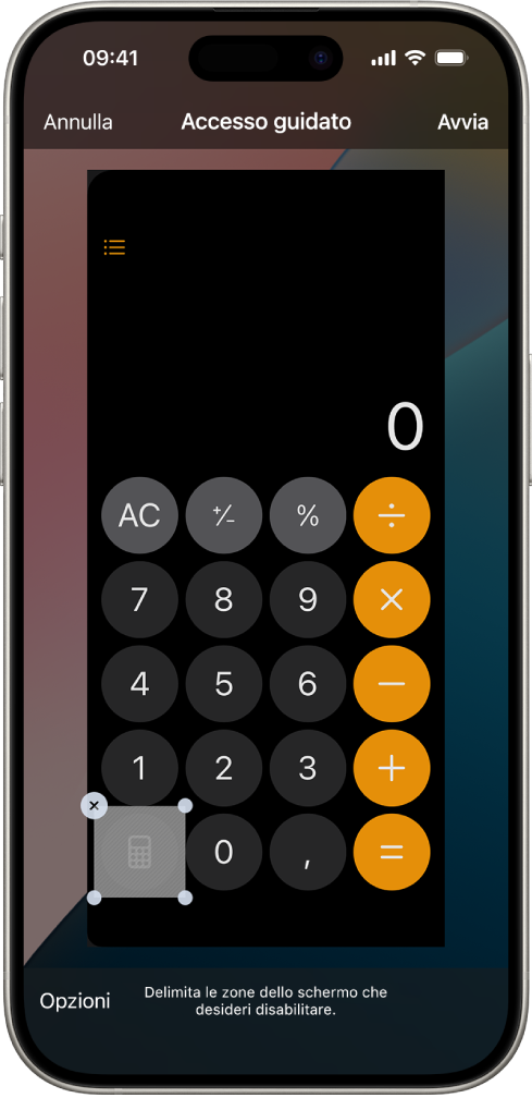 Una schermata di iPhone che mostra la configurazione di “Accesso guidato”. iPhone viene temporaneamente bloccato sull’app Calcolatrice e uno dei tasti nell’app è stato disabilitato.