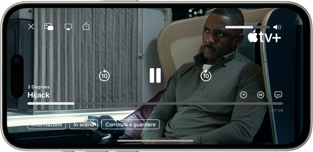 Un programma TV in riproduzione, con i controlli visibili. In alto a sinistra sono presenti i pulsanti Chiudi, “Picture in Picture”, AirPlay e Condividi. In alto a destra è presente il cursore del volume. Al centro, sono presenti i pulsanti per andare avanti e indietro di 10 secondi e per mettere in pausa. Lungo la parte inferiore, è presente un cursore che puoi trascinare per regolare la posizione del video; ai lati del cursore sono visibili il tempo trascorso e il tempo rimanente. In basso a destra sono presenti i pulsanti Info, “In scena” e “Continua a guardare”.