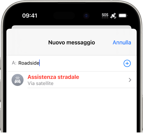 Un nuovo messaggio indirizzato ad “assistenza stradale”. Sotto è presente un link per l’assistenza stradale via satellite.