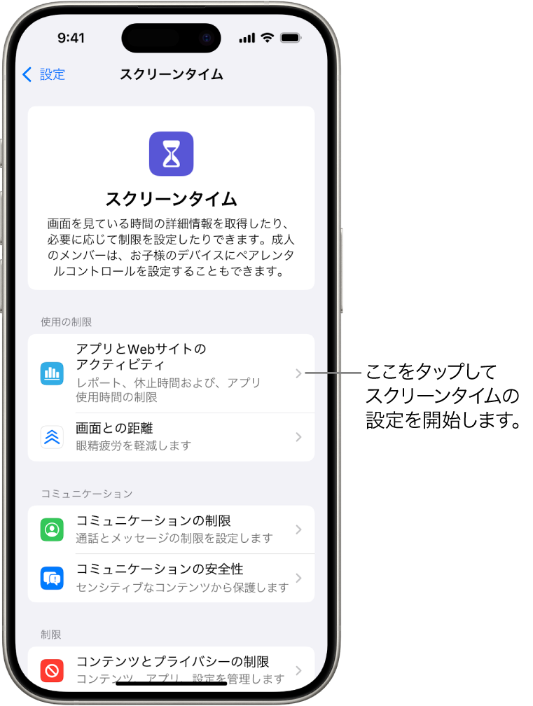 スクリーンタイムの設定画面。「アプリとWebサイトのアクティビティ」ボタンが表示されています。