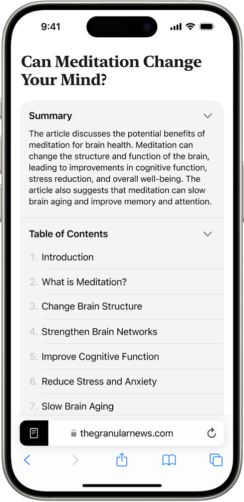 Safari 읽기 도구에 요약 및 목차가 표시됨.