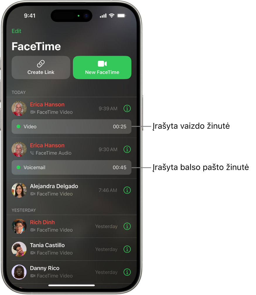 „FaceTime“ skambučių istorija, kurioje rodomos nuorodos į įrašytą vaizdo žinutę ir balso paštą.