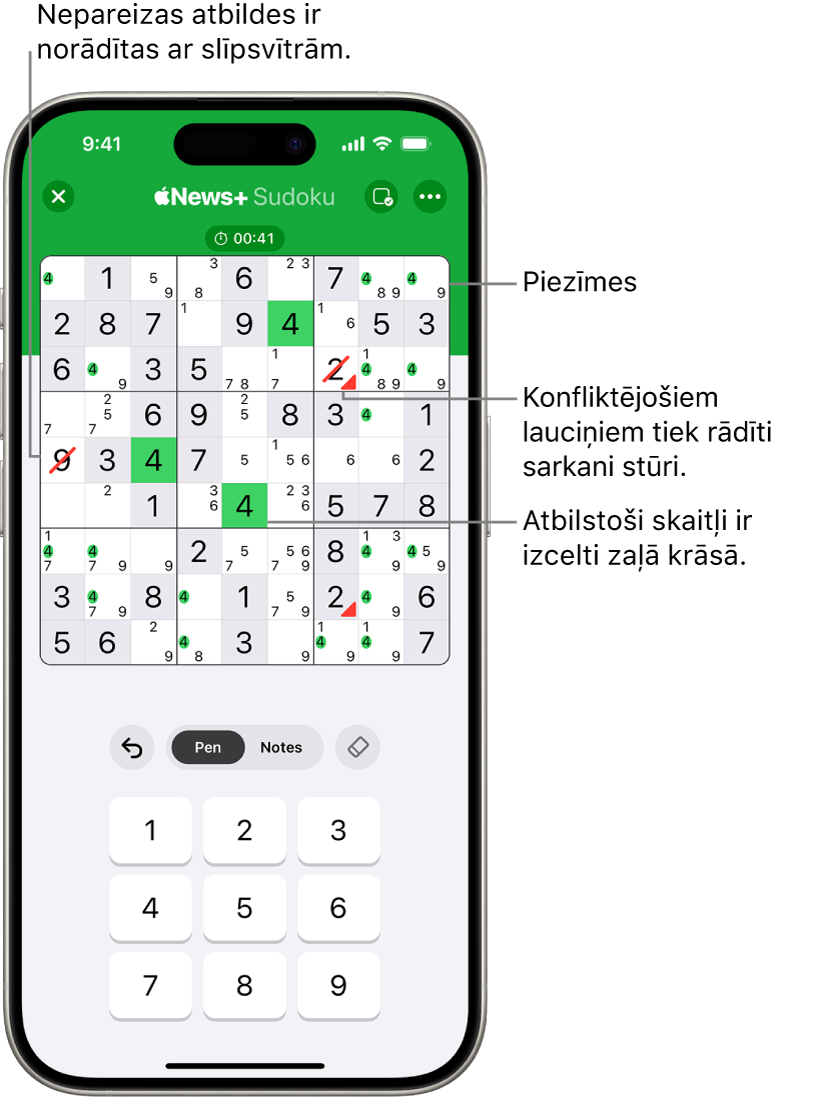 Sudoku mīkla ar dažādām ieslēgtām funkcijām: Notes, Highlight Matching Numbers, Show Conflicts un Autocheck.