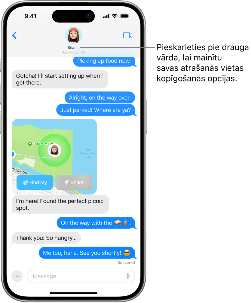 Messages saruna ar kopīgotu atrašanās vietu, izmantojot Precision Finding.