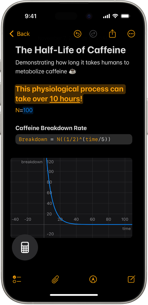 Calculator atvērta Math Note ar deklarētu mainīgo, vienādojumu un grafiku.