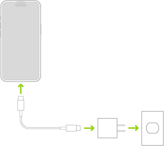 iPhone tālrunis ir pievienots strāvas adapteram, kas ir ievietots elektrības kontaktligzdā.