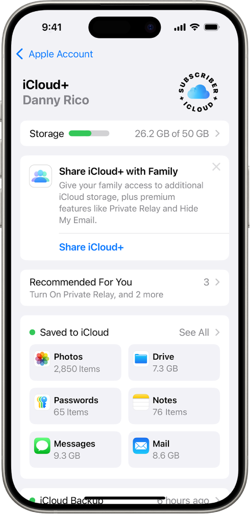 iCloud iestatījumu ekrāns, kurā redzams iCloud krātuves mērītājs un funkciju saraksts, tostarp Photos, iCloud Drive un iCloud Backup, ko var izmantot kopā ar iCloud.