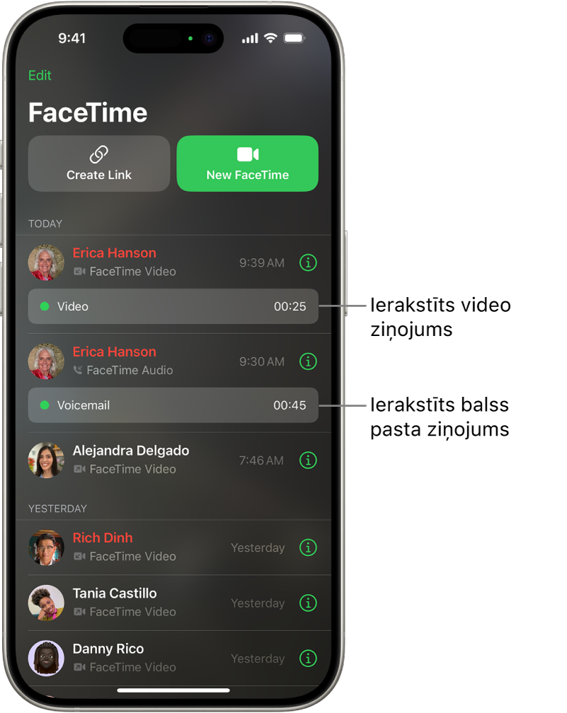 FaceTime zvanu vēsture ar saitēm uz ierakstītu video paziņojumu un balss pasta ziņojumu.