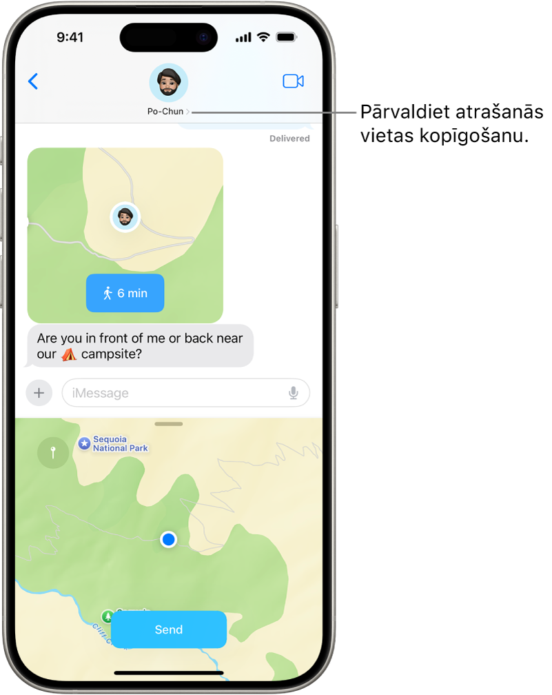 Messages saruna ar kopīgotu atrašanās vietu.