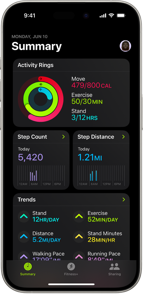 Lietotnes Fitness ekrāns Summary, kurā redzams apgabals Activity Rings, Step Count, Step Distance un Trends.