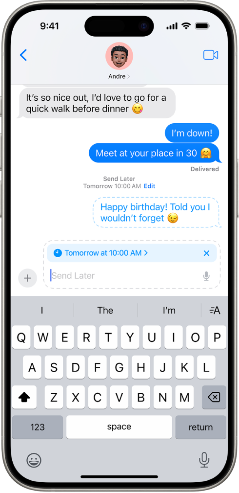 Saziņa lietotnē Messages ar ziņojumu, kas ieplānots nosūtīšanai vēlāk.