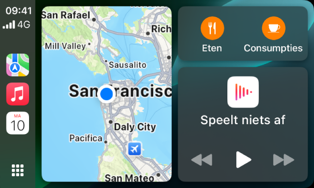 Een CarPlay-dashboard waarop Kaarten, Muziek en Berichten in de navigatiekolom worden weergegeven. Aan de rechterkant zie je een plattegrond van Apple Park, een navigatievenster en het venster 'Huidige'.