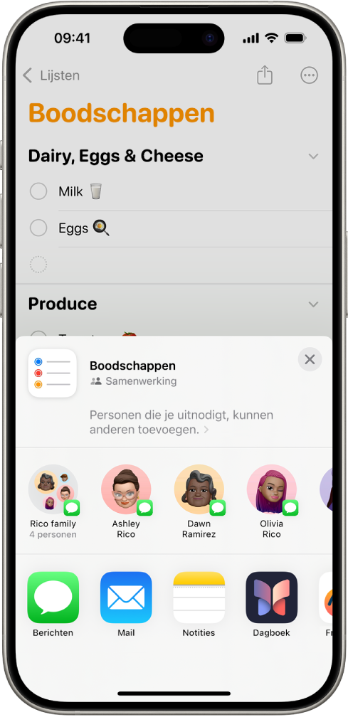 De Herinneringen-app met een boodschappenlijst en onderaan deelopties.