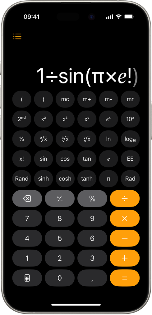 Een iPhone waarop de wetenschappelijke rekenmachine met exponentiële, logaritmische en trigonometrische functies te zien is.