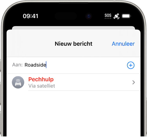 Een nieuw bericht gericht aan "pechhulp". Daaronder staat een link voor 'Pechhulp via satelliet'.