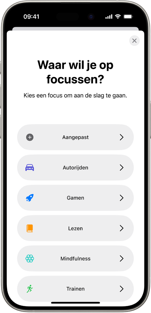 Het focusconfiguratiescherm voor de aanvullende kant-en-klare focusopties, waaronder 'Aangepast', 'Autorijden', 'Trainen', 'Gamen', 'Mindfulness' en 'Lezen'.