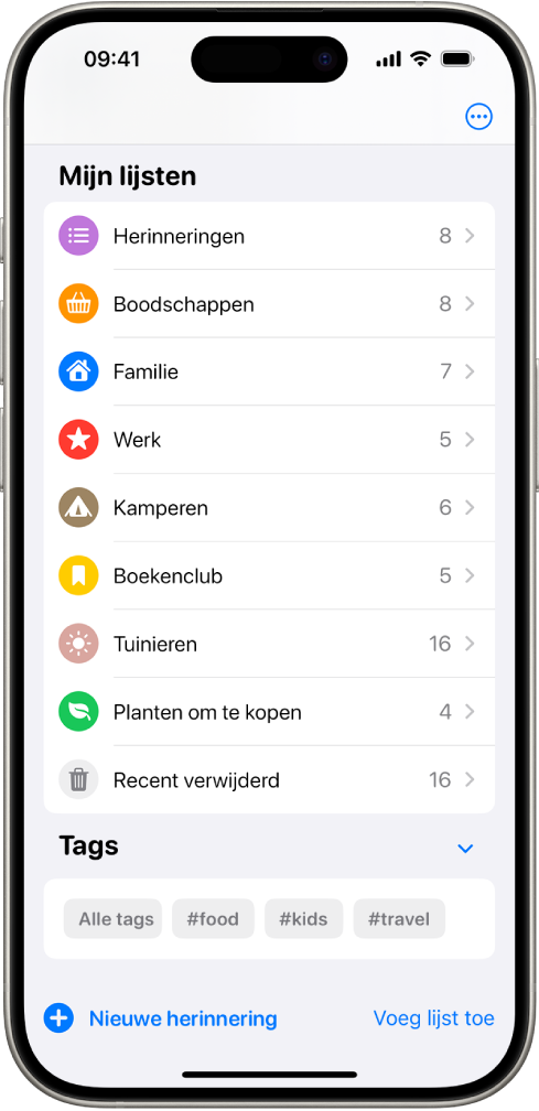 De Herinneringen-app met meerdere lijsten en onderaan de tagkiezer.