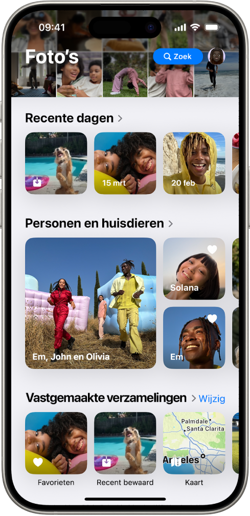 De Foto's-app is geopend. Boven in het scherm wordt de fotobibliotheek in een raster weergegeven. Daaronder staan 'Recente dagen', 'Personen en huisdieren' en 'Vastgemaakte verzamelingen'.