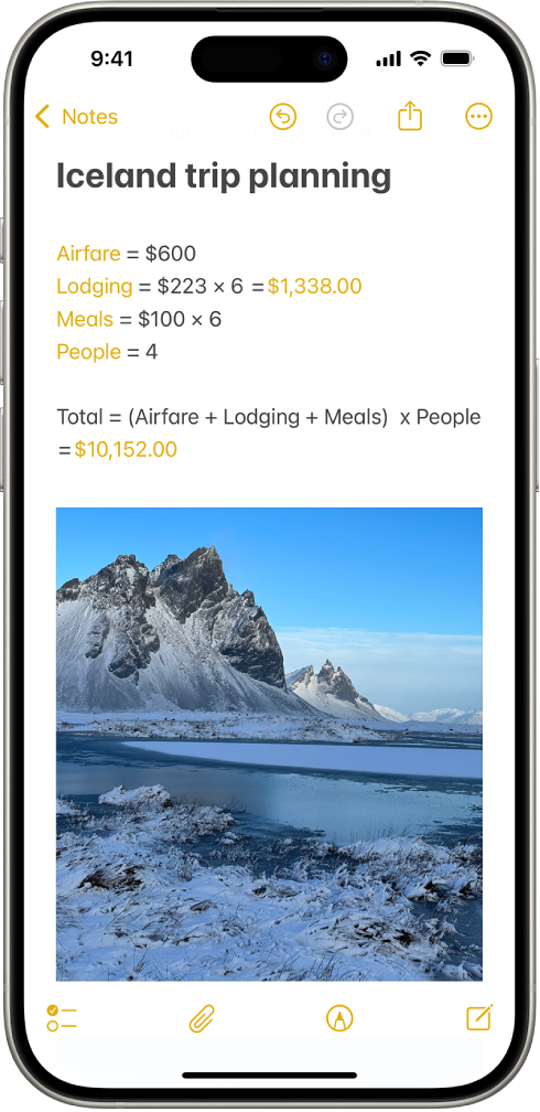 Nota para planejar uma viagem, com um cálculo das despesas da viagem e uma foto.