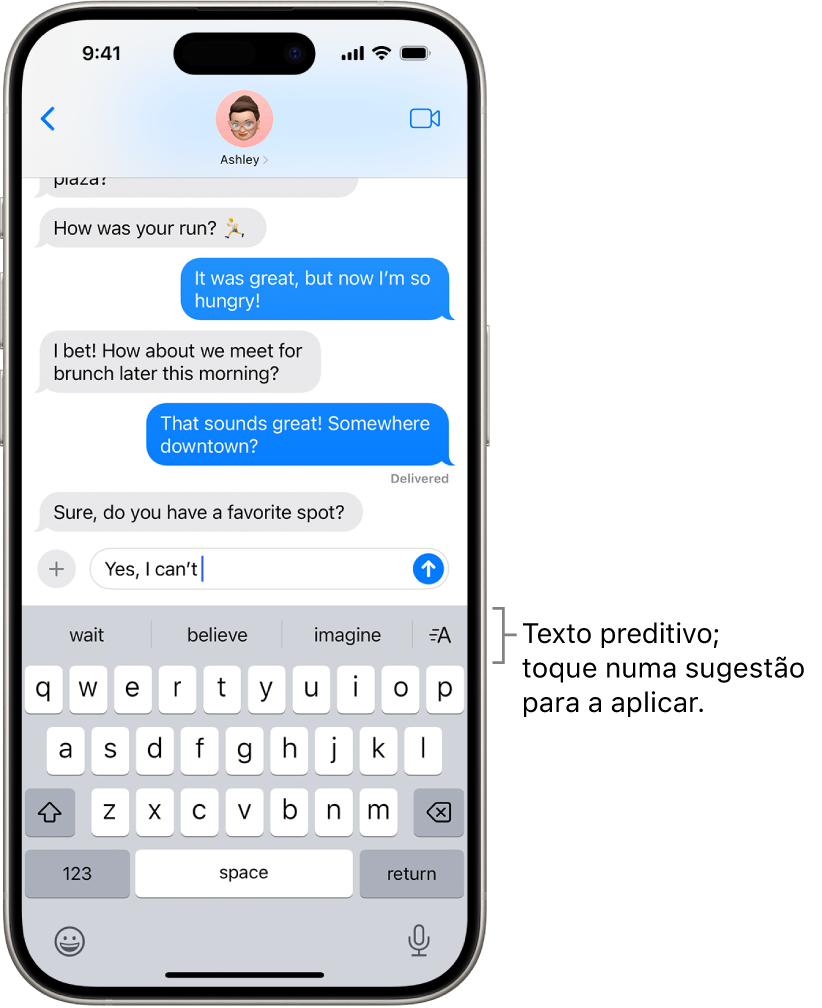 É aberto o teclado no ecrã na aplicação Mensagens. É digitado texto no campo de texto e, por cima do teclado estão sugestões de texto preditivo para a palavra seguinte.