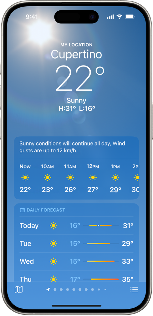 O ecrã Meteorologia a mostrar, de cima para baixo: a localização, a temperatura atual, as temperaturas máxima e mínima do dia, a previsão horária e a previsão para dez dias. Uma linha de pontos na parte inferior, ao centro, mostra quantas localizações há na lista de localizações. No canto inferior direito está o botão “Lista de localizações” e, no canto inferior esquerdo, está o botão “Mostrar mapa”.