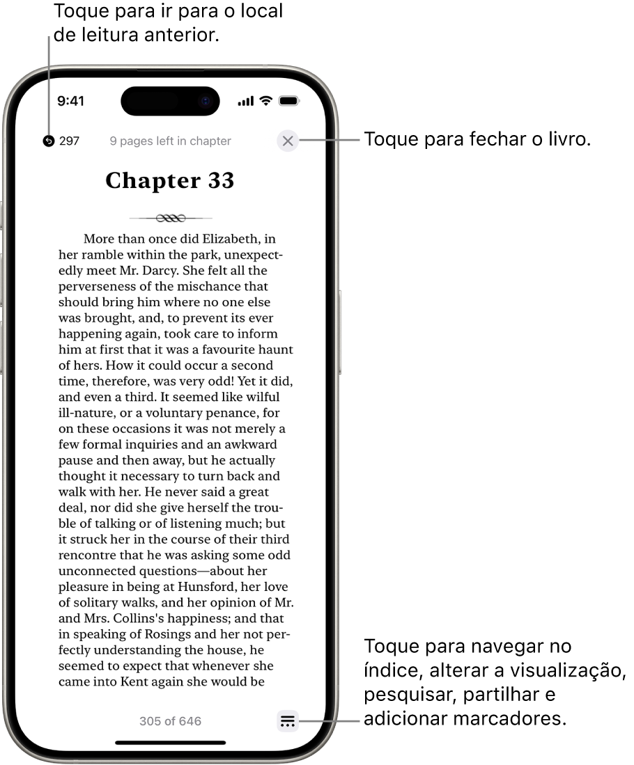 Uma página de um livro na aplicação Livros. Na parte superior do ecrã encontram‑se os botões para voltar à página em que iniciou a leitura e para fechar o livro. Na parte inferior direita do ecrã encontra‑se o botão Menu.