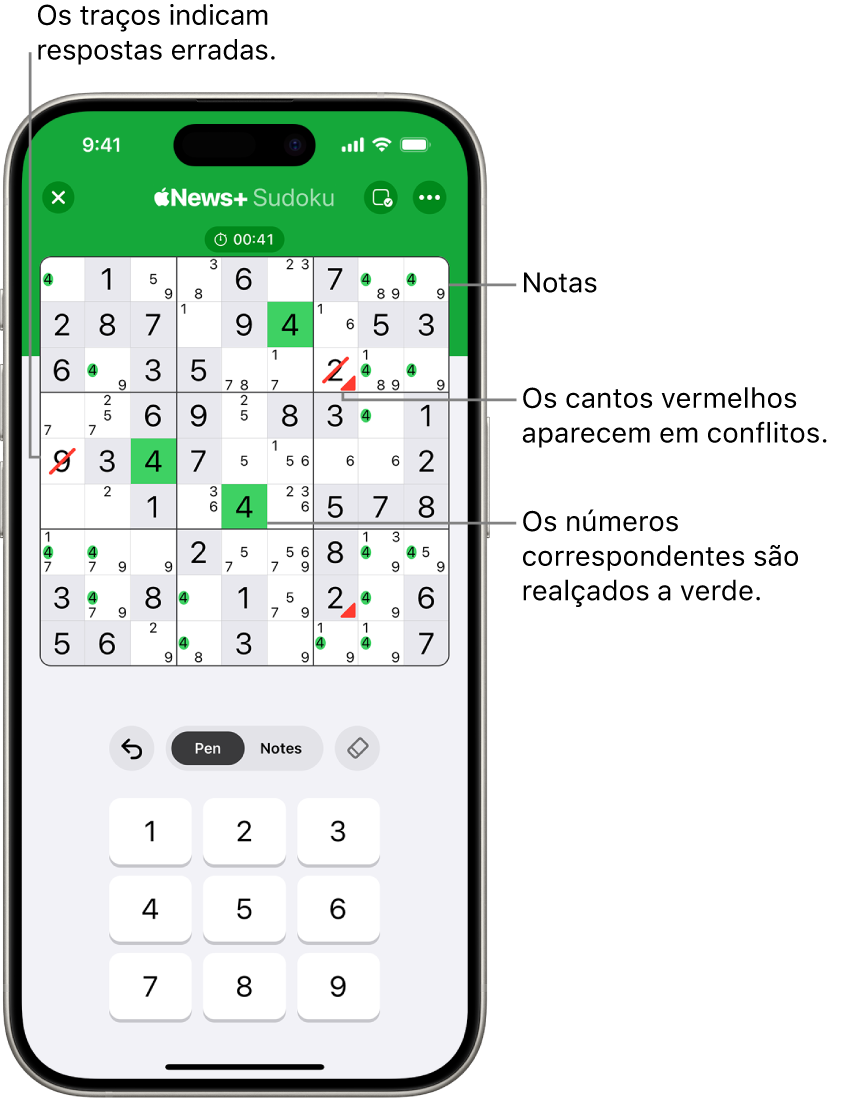 Um puzzle sudoku com várias funcionalidades ativadas. “Notes”, “Highlight Matching Numbers”, “Show Conflicts” e “Autocheck”.