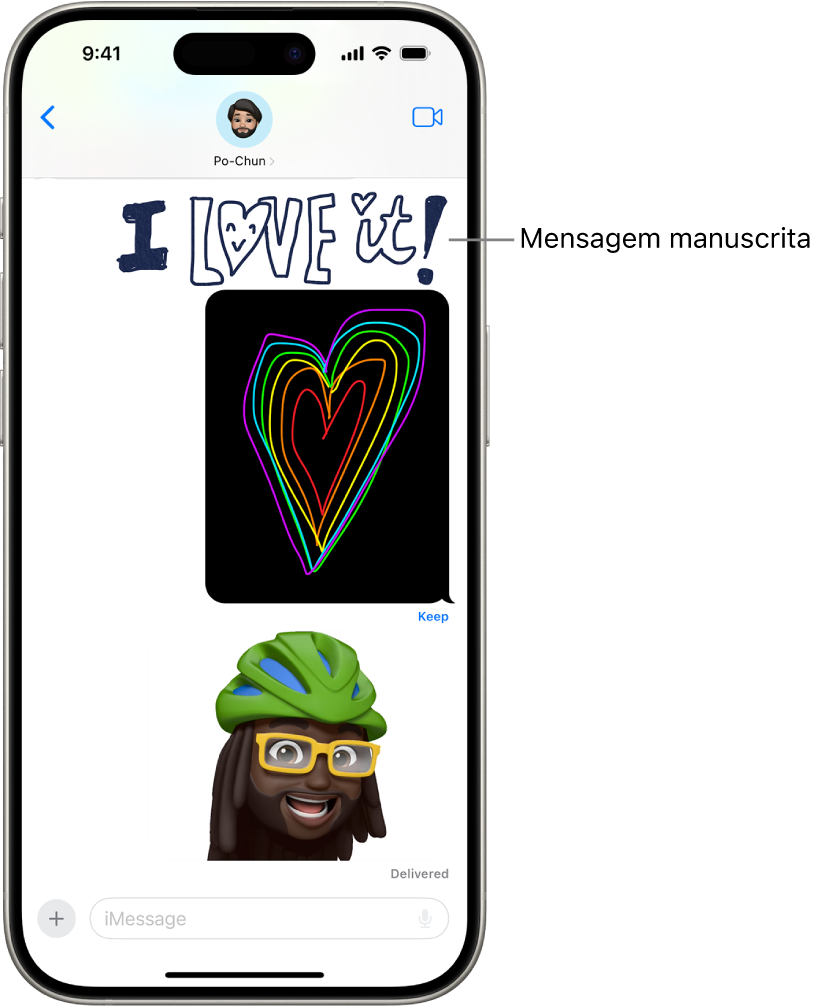 Uma conversa da aplicação Mensagens com animações: uma mensagem manuscrita, um Digital Touch e um Memoji animado.