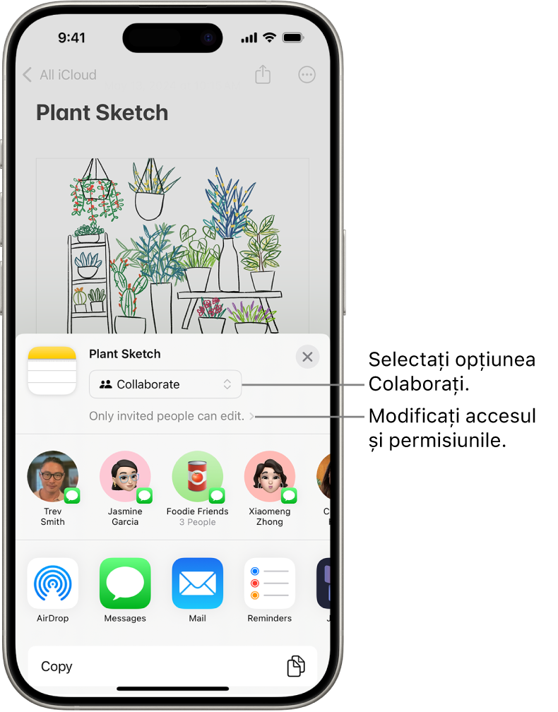 O invitație de a colabora la un desen din Notițe, afișând Colaborare pentru opțiunea de partajare și “Doar persoanele pe care le invitați pot edita” drept configurare pentru acces și permisiune. Patru posibili destinatari, inclusiv un grup, formează un rând sub acestea. Rândul de jos oferă diferite modalități de a partaja notița: AirDrop, Mesaje, Mail și Freeform.