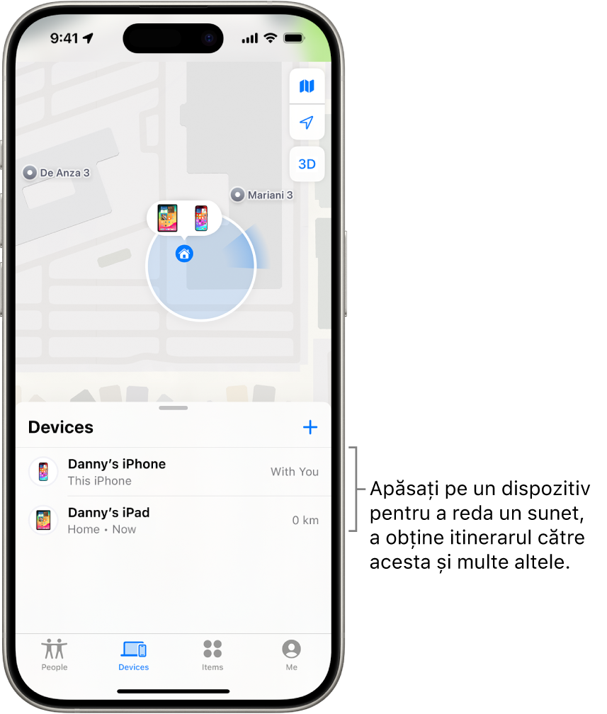 Ecranul Găsire deschis în lista Dispozitive. Există două dispozitive în lista Dispozitive: iPhone - Daniel și iPad - Daniel. Localizările lor sunt afișate pe o hartă.