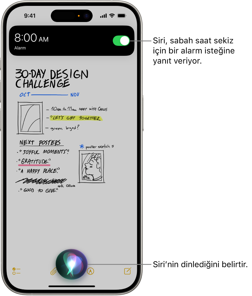 Bir iPhone ekranı. Ekranın üst tarafında, Saat uygulamasından bir bildirim sabah saat 8 için bir alarm kurulduğunu gösteriyor. Ekranın en altındaki bir simge Siri’nin dinlediğini belirtiyor.