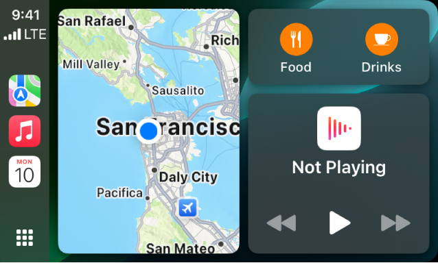 CarPlay 儀表板在側邊欄顯示「地圖」、「音樂」和「訊息」。右邊是 Apple Park 的地圖、導覽視窗，以及播放中視窗。