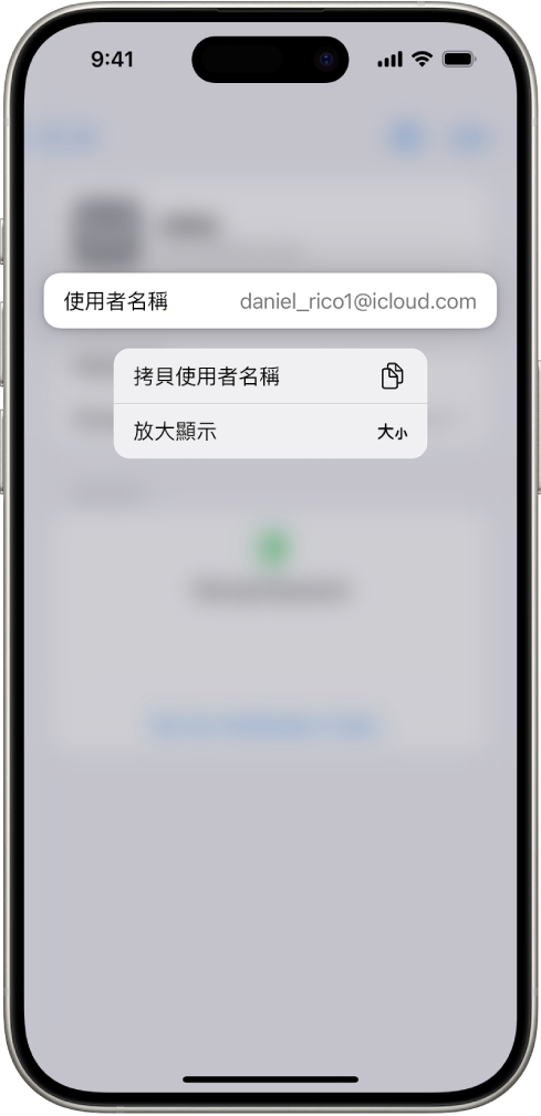 在帳號畫面中帶有醒目顯示的使用者名稱，提供「拷貝使用者名稱」和「放大顯示」的選項。